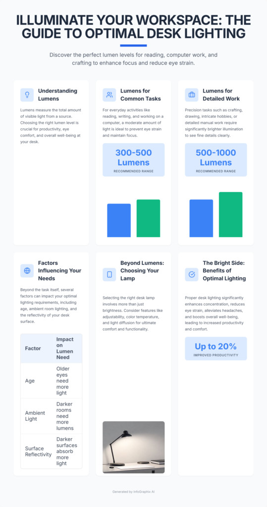 a simple chart showing recommended lumen ranges for different desk tasks like reading computer and crafting