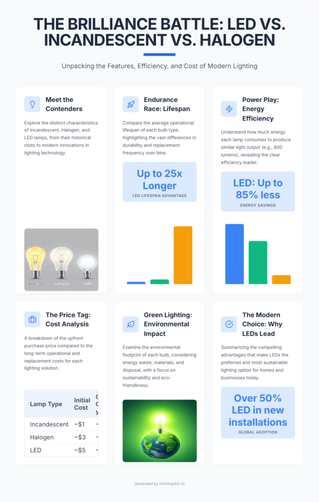 chart comparing led incandescent and halogen lamp features like lifespan energy use and cost