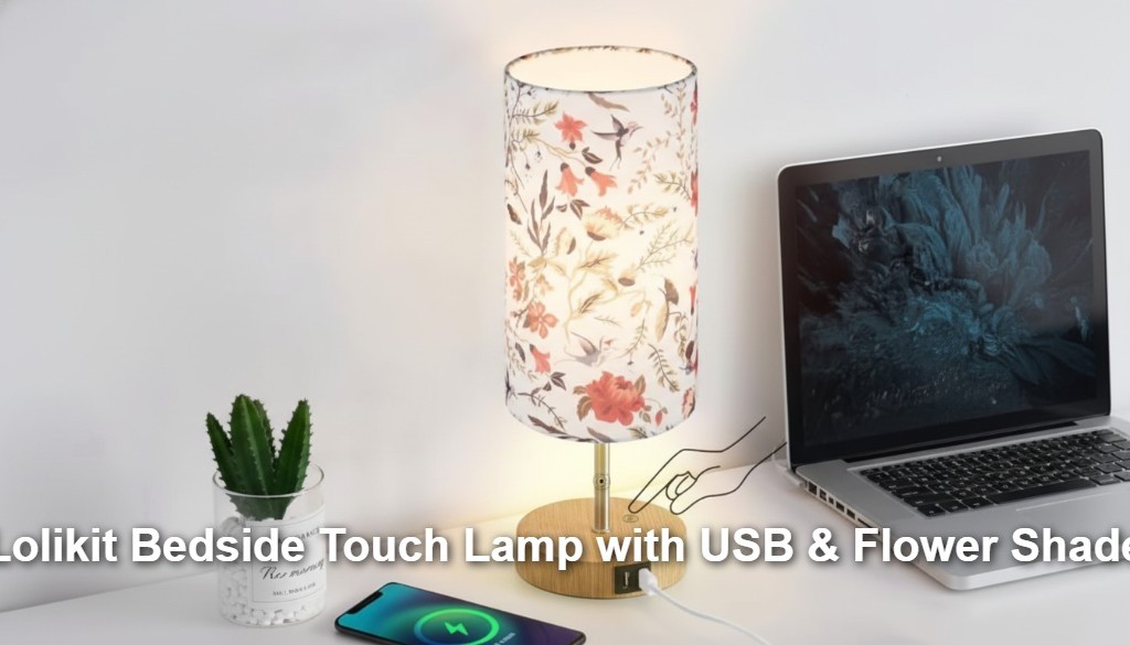 Lolikit Bedside Touch Lamp with USB & Flower Shade